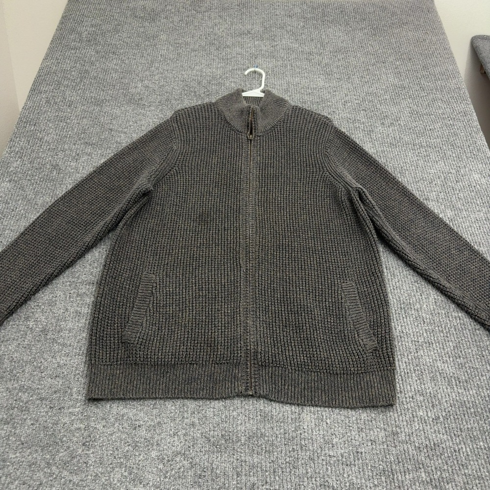 LL Bean Sweater Mens XL Tall Gray Cotton Full Zip Mock Neck Waffle Knit Casual
